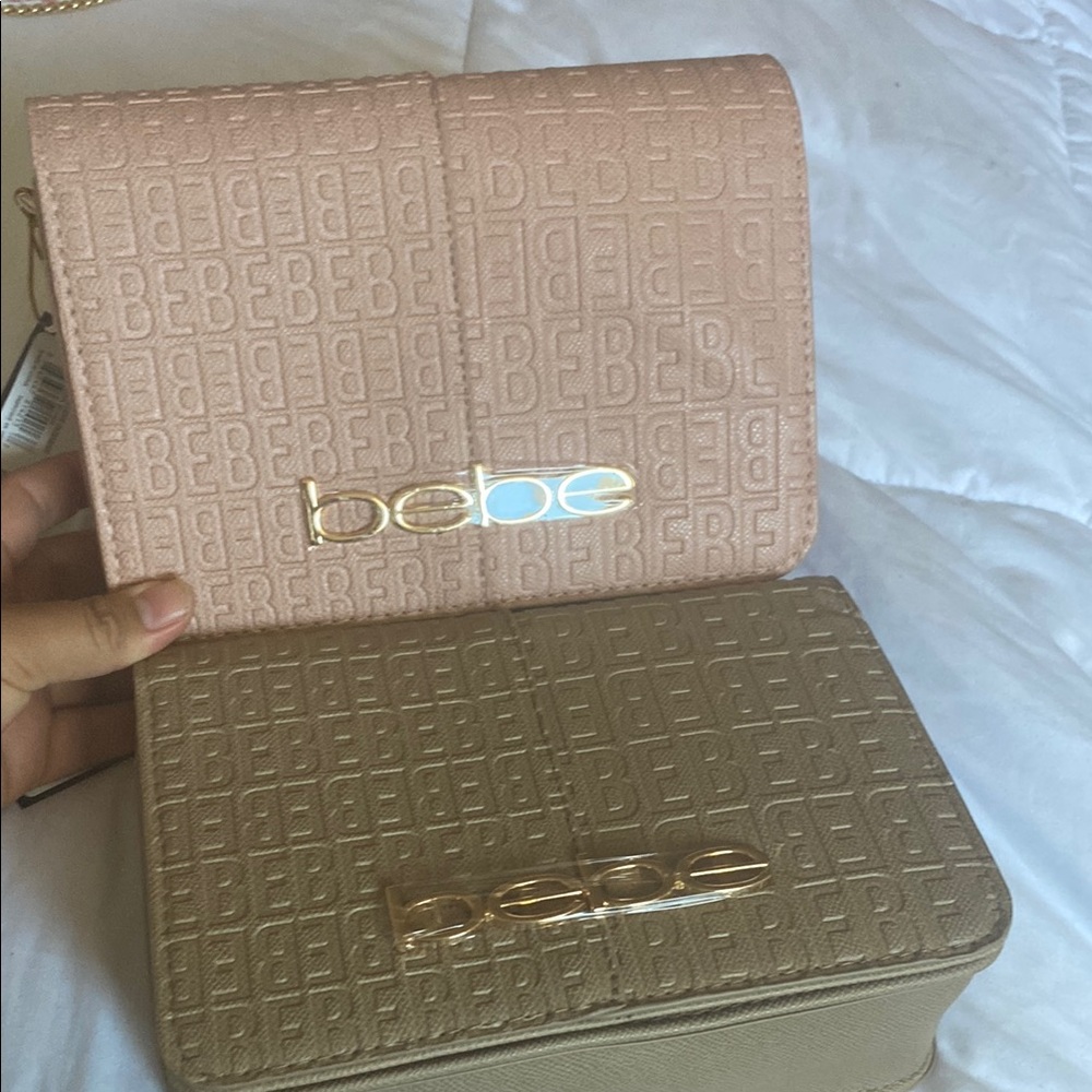 Bebe Tan and Cream Clutch with Embossed Pattern